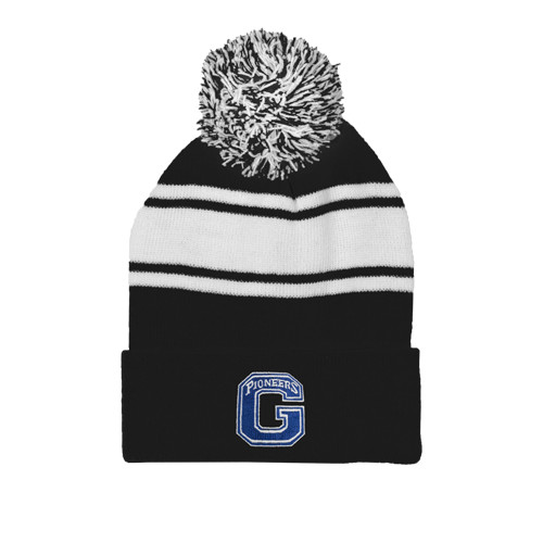 Black/White Two Tone Knit Pom Beanie w/Cuff - Primary Logo