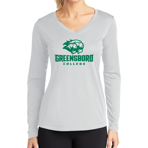  Womens White Performance Long Sleeve V Neck Shirt - Primary Mark