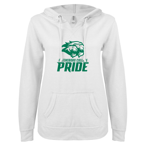  ENZA Womens White V Notch Raw Edge Fleece Hoodie - GC Pride Lions