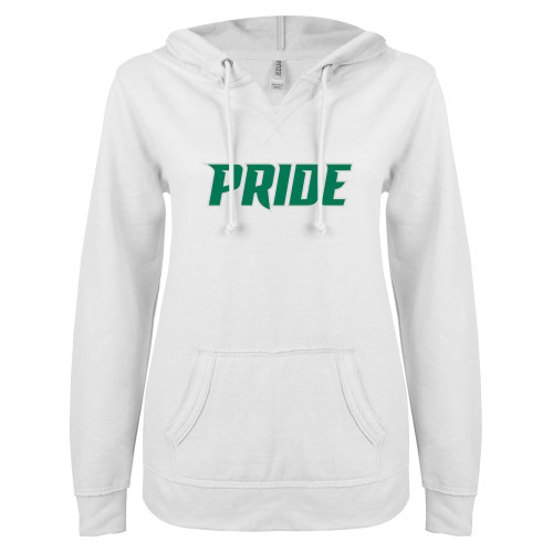  ENZA Womens White V Notch Raw Edge Fleece Hoodie - Pride