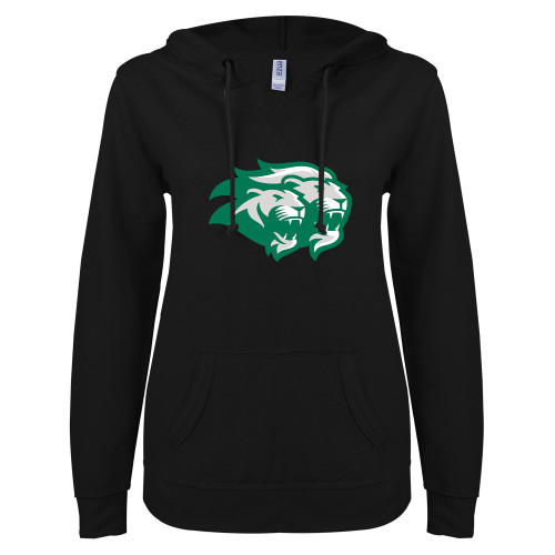  ENZA Womens Black V Notch Raw Edge Fleece Hoodie - Lions