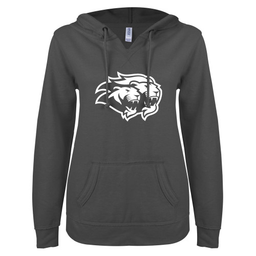  ENZA Womens Dark Heather V Notch Raw Edge Fleece Hoodie - Lions