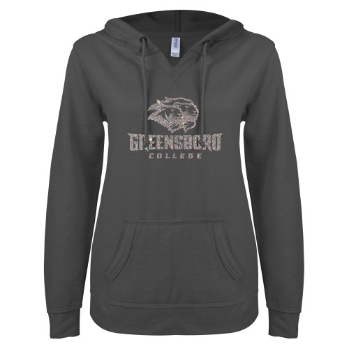  ENZA Womens Dark Heather V Notch Raw Edge Fleece Hoodie - A Silver Soft Glitter