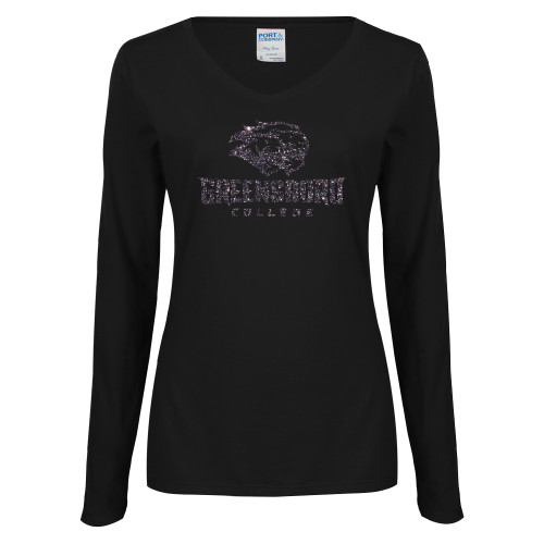  Womens Black Long Sleeve V Neck Tee  - F Graphite Soft Glitter