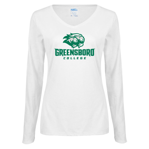  Womens White Long Sleeve V Neck Tee - Primary Mark