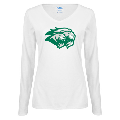  Womens White Long Sleeve V Neck Tee - Lions