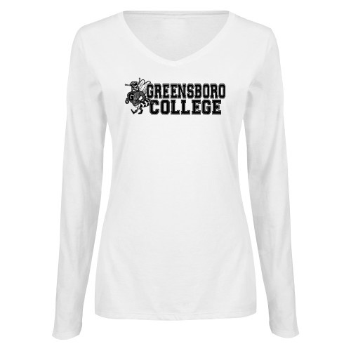  Womens White Long Sleeve V Neck Tee  - Greensboro College Vintage