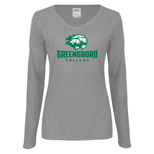  Womens Grey Long Sleeve V Neck Tee  - Primary Mark