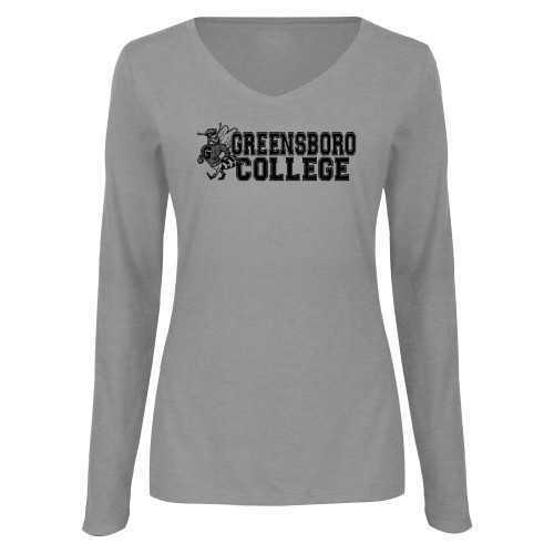  Womens Grey Long Sleeve V Neck Tee  - Greensboro College Vintage