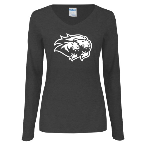  Womens Dark Heather Long Sleeve V Neck Tee  - Lions