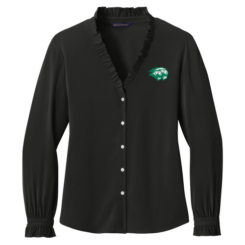  Brooks Brothers Womens Black Long Sleeve Ruffle Collar Blouse - Lions
