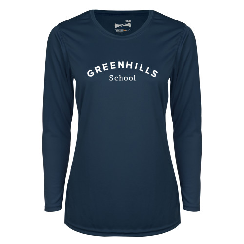  Womens Navy Performance Long Sleeve V Neck Shirt - Arch. Wordmark