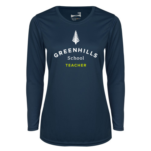  Womens Navy Performance Long Sleeve V Neck Shirt - Teacher