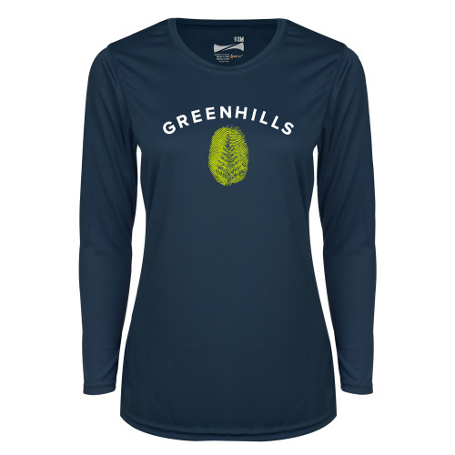  Womens Navy Performance Long Sleeve V Neck Shirt - Greenhills Fingerprint