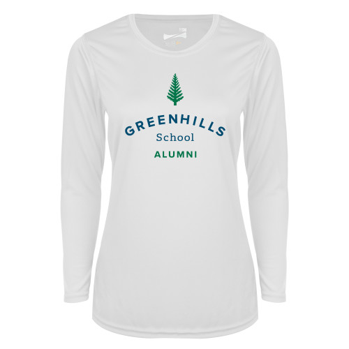  Womens White Performance Long Sleeve V Neck Shirt - Alumni