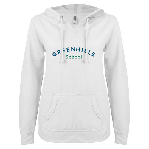  ENZA Womens White V Notch Raw Edge Fleece Hoodie - Arch. Wordmark