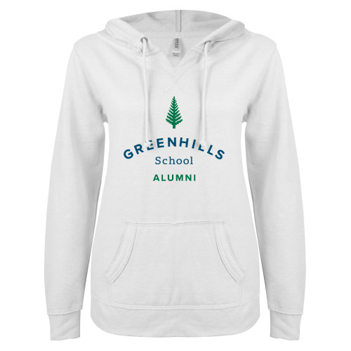  ENZA Womens White V Notch Raw Edge Fleece Hoodie - Alumni