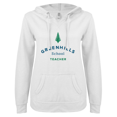  ENZA Womens White V Notch Raw Edge Fleece Hoodie - Teacher