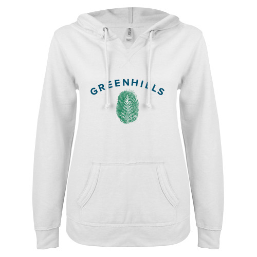  ENZA Womens White V Notch Raw Edge Fleece Hoodie - Greenhills Fingerprint