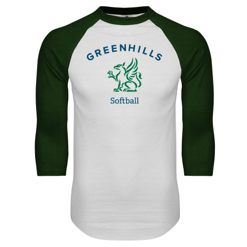  White/Dark Green Raglan Baseball T Shirt - Softball