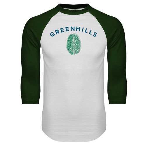  White/Dark Green Raglan Baseball T Shirt - Greenhills Fingerprint