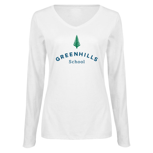  Womens White Long Sleeve V Neck Tee - Primary Mark