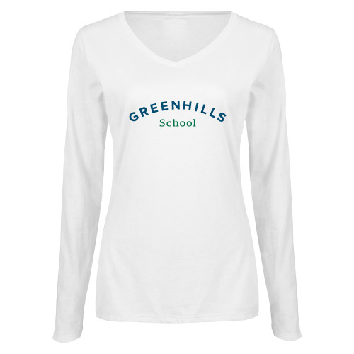  Womens White Long Sleeve V Neck Tee - Arch. Wordmark