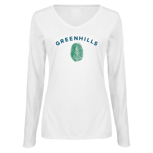  Womens White Long Sleeve V Neck Tee - Greenhills Fingerprint