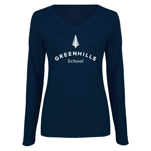  Womens Navy Long Sleeve V Neck Tee - Primary Mark