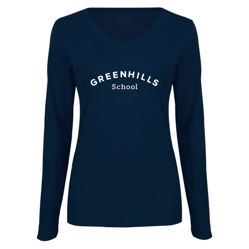  Womens Navy Long Sleeve V Neck Tee - Arch. Wordmark