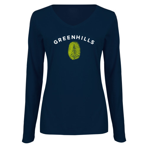  Womens Navy Long Sleeve V Neck Tee - Greenhills Fingerprint