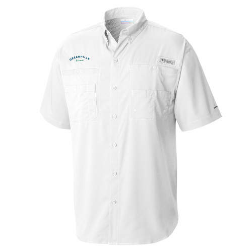  Columbia White Tamiami Performance Short Sleeve Shirt - Arch. Wordmark