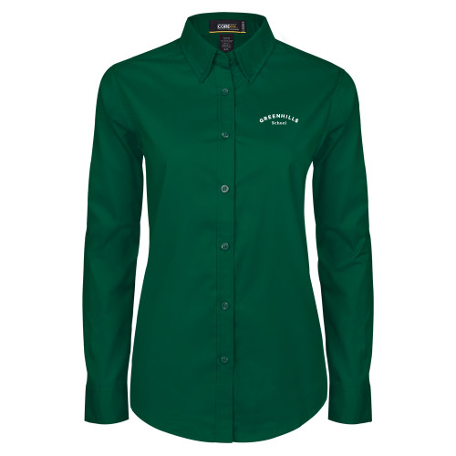  Womens Dark Green Twill Button Down Long Sleeve  - Arch. Wordmark