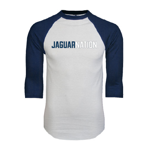  White/Navy Raglan Baseball T Shirt - Jaguar Nation