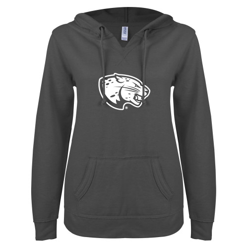  ENZA Womens Dark Heather V Notch Raw Edge Fleece Hoodie - Jaguar Head