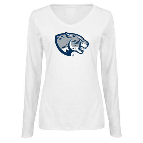  Womens White Long Sleeve V Neck Tee - Jaguar Head