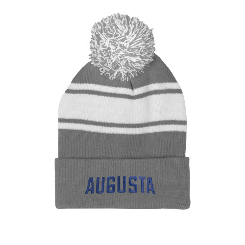  Grey/White Two Tone Knit Pom Beanie w/Cuff - Augusta