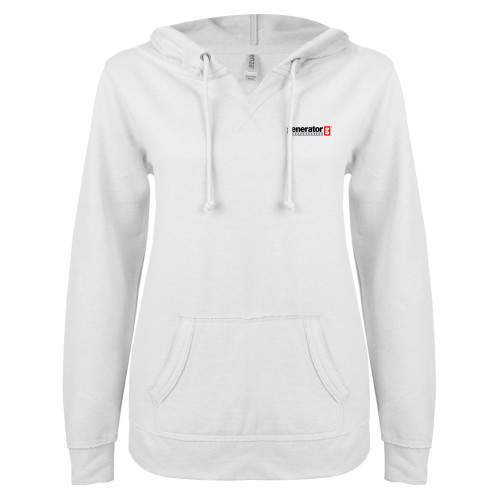  ENZA Womens White V Notch Raw Edge Fleece Hoodie - Generator Supercenter
