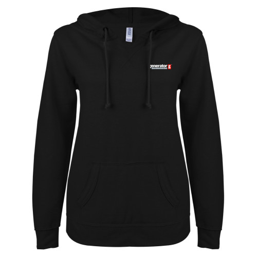  ENZA Womens Black V Notch Raw Edge Fleece Hoodie - Generator Supercenter