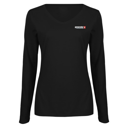  Womens Black Long Sleeve V Neck Tee  - Generator Supercenter