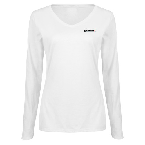  Womens White Long Sleeve V Neck Tee  - Generator Supercenter