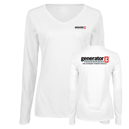  Womens White Long Sleeve V Neck Tee  - Generator Supercenter