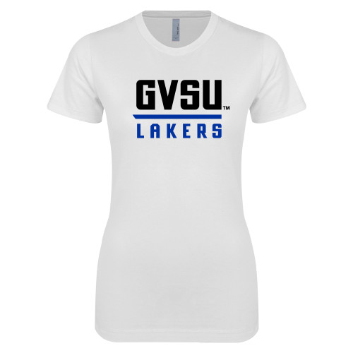  Next Level Womens White Boyfriend Tee - GVSU Lakers Stacked