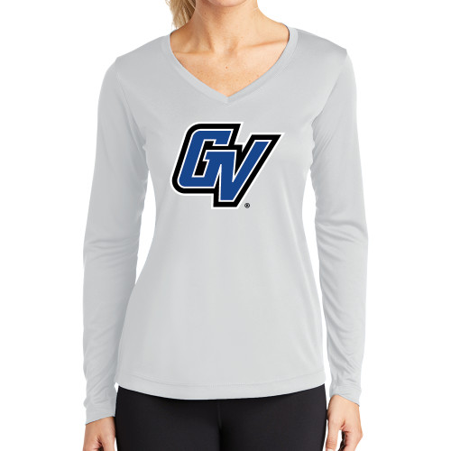  Womens White Performance Long Sleeve V Neck Shirt - GV