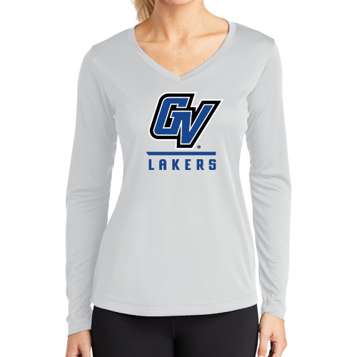  Womens White Performance Long Sleeve V Neck Shirt - GV Lakers Stacked