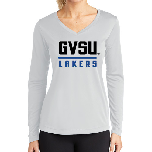  Womens White Performance Long Sleeve V Neck Shirt - GVSU Lakers Stacked