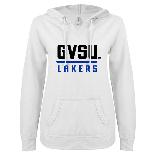  ENZA Womens White V Notch Raw Edge Fleece Hoodie - GVSU Lakers Stacked