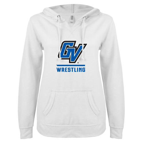  ENZA Womens White V Notch Raw Edge Fleece Hoodie - Wrestling