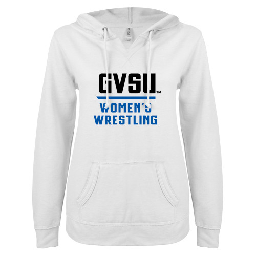  ENZA Womens White V Notch Raw Edge Fleece Hoodie - GVSU Womens Wrestling