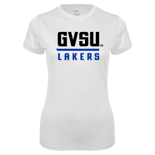  Womens White Performance Tee - GVSU Lakers Stacked